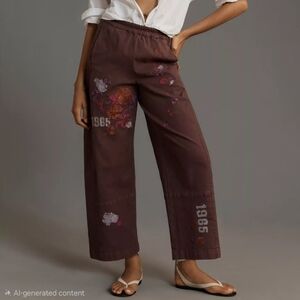 The Izzie Relaxed Pull-On BarWide-Leg Embroidered Cotton Pants in Deep Brown